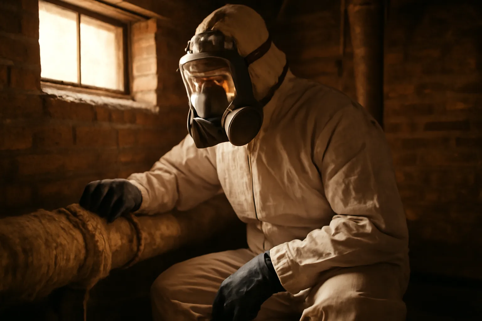 Inspector sampling pipe insulation in a dim Colorado building basement