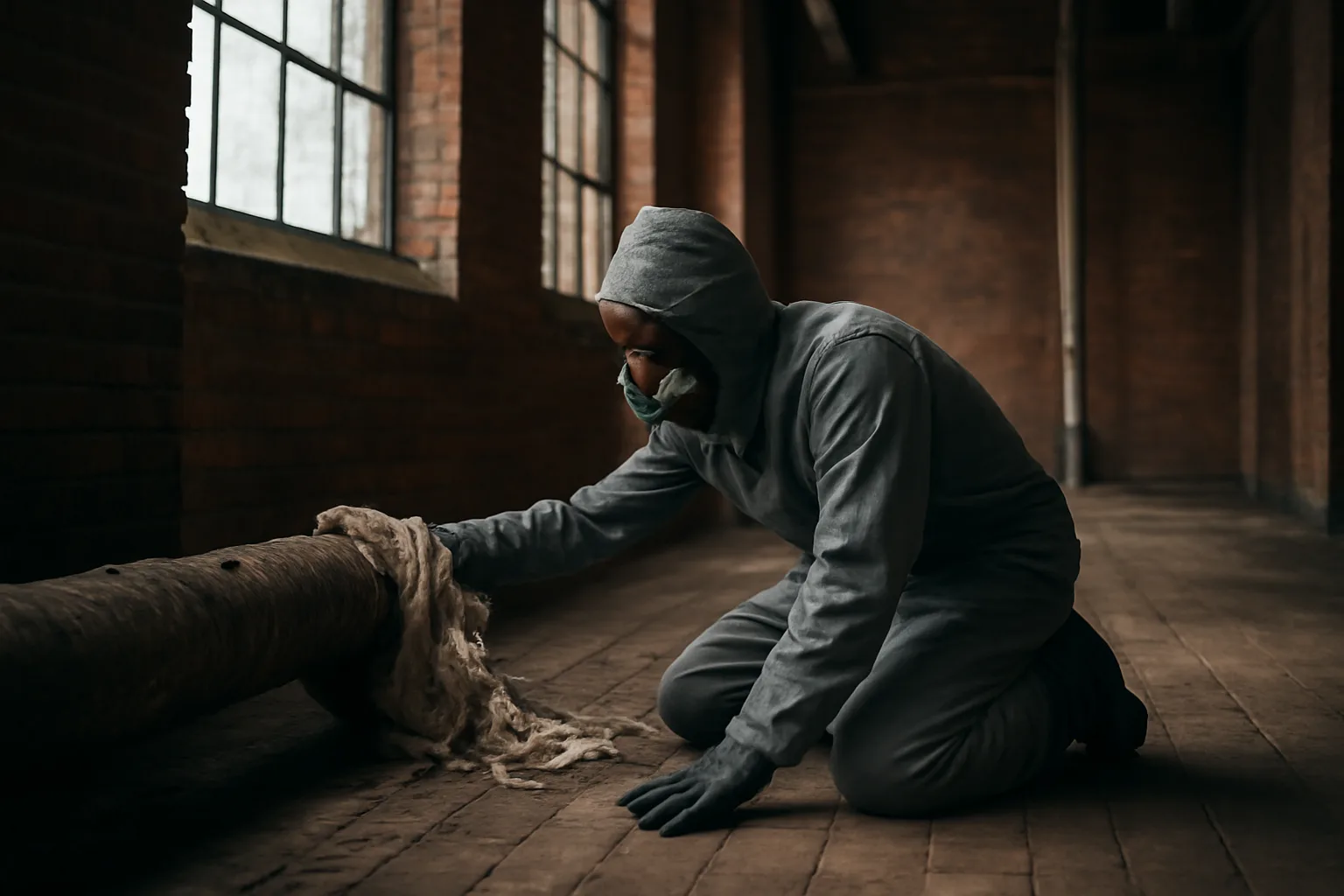 Inspector checking pipe insulation inside a Connecticut brick mill