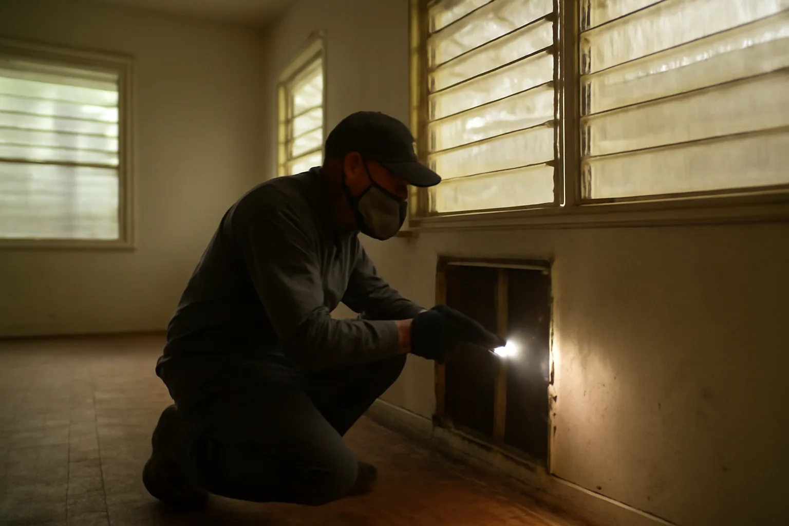 Inspector sampling wall material inside a vacant Florida house