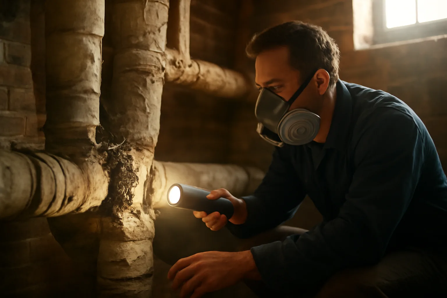 Asbestos inspector checking old pipe insulation in a Georgia basement