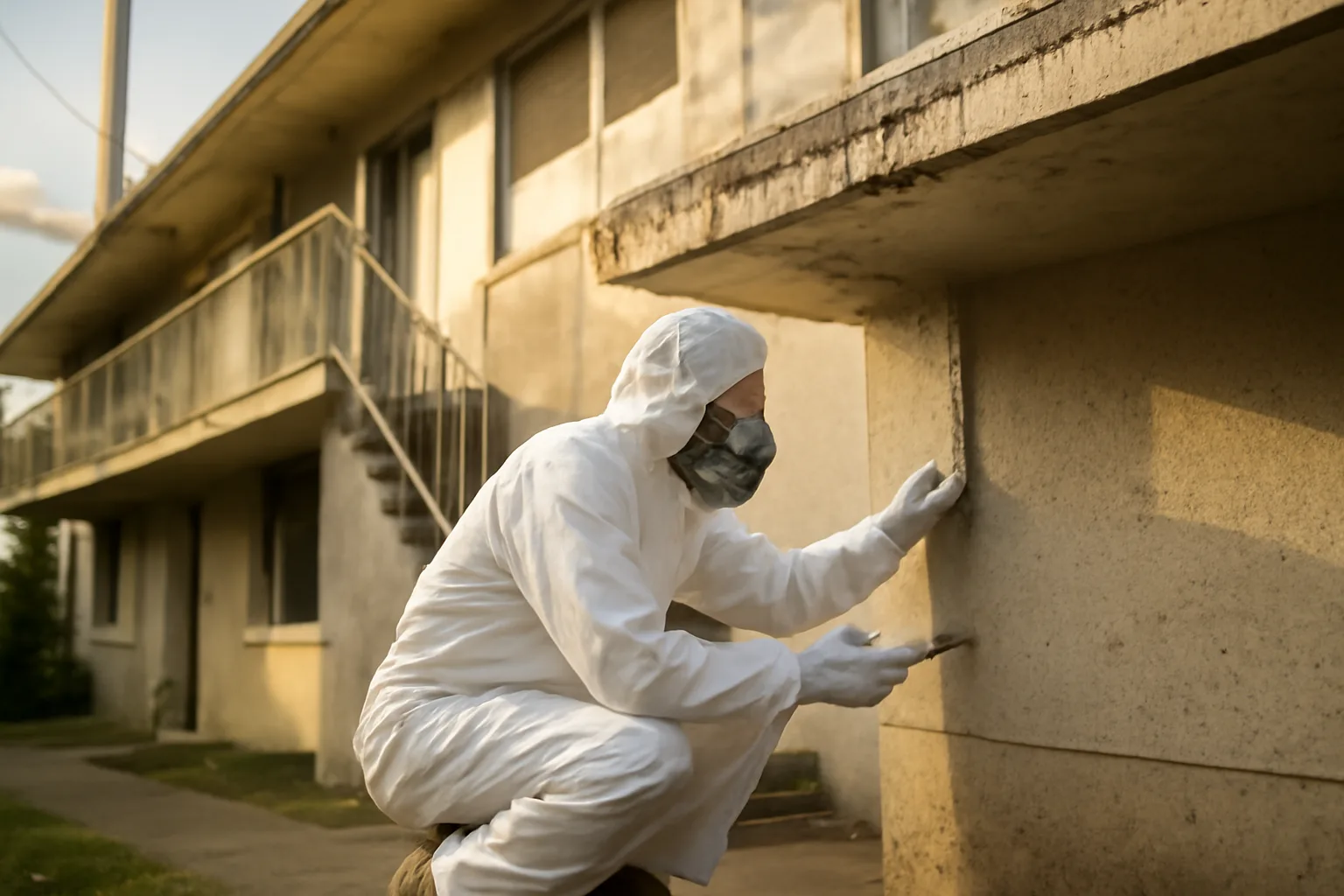 An asbestos inspector samples weathered cement on a Honolulu building
