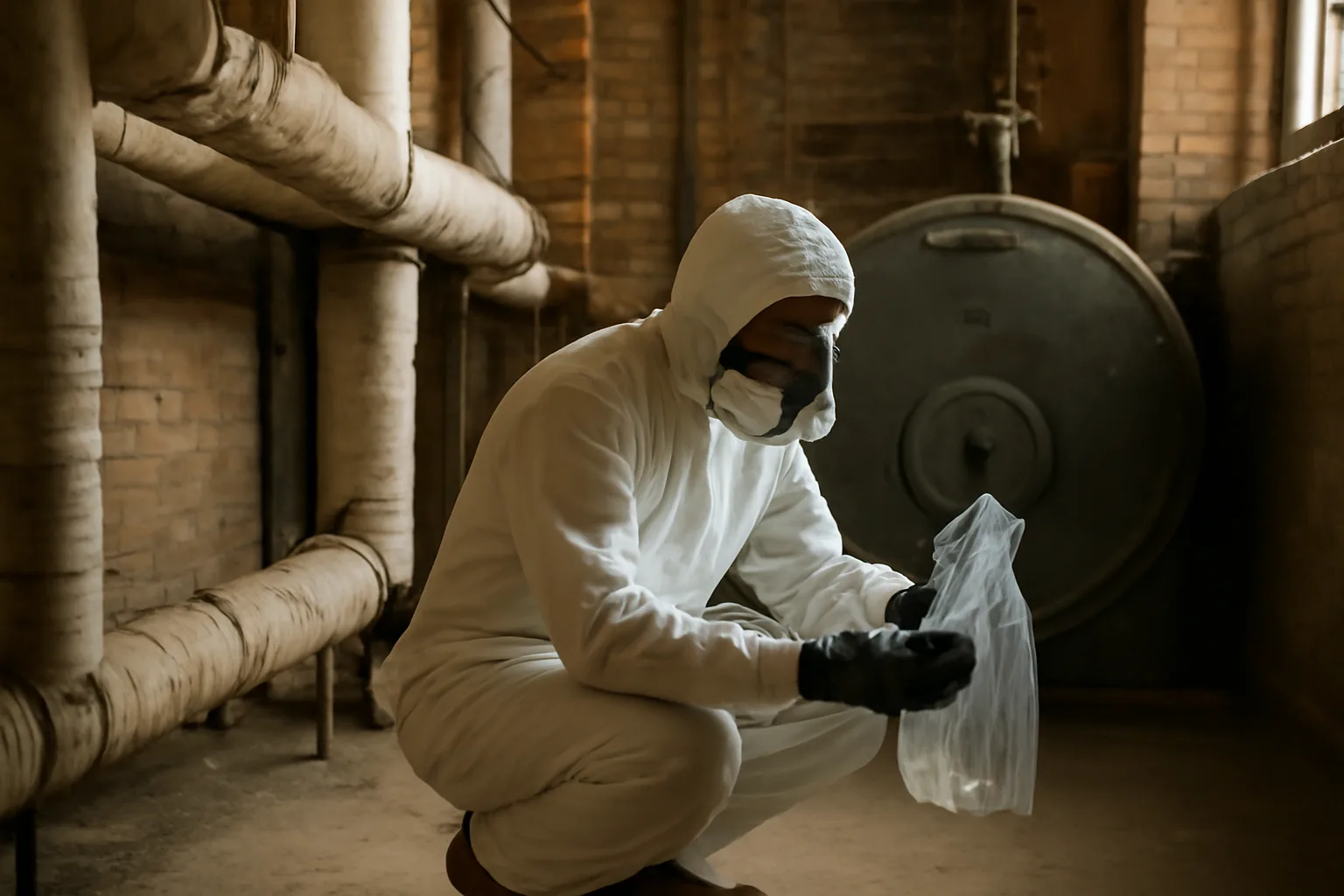 Asbestos inspector sampling pipe insulation in an Idaho school boiler room